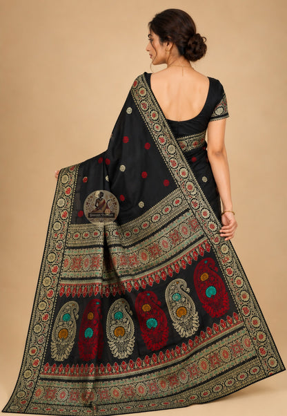 Rear view of Baluchari Pure Silk Saree displaying the richly handwoven narrative pallu with mythology scenes from the Mahabharata, Ramayana, and Nawabi courts woven directly into premium pure Bengal silk