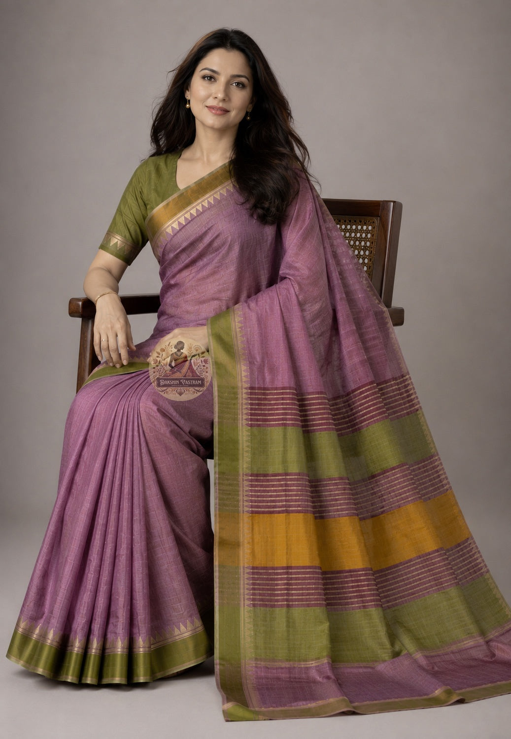 Front view of woman wearing Bishnupur Katan Silk Saree with embroidered blouse, sangeet evening wedding occasion