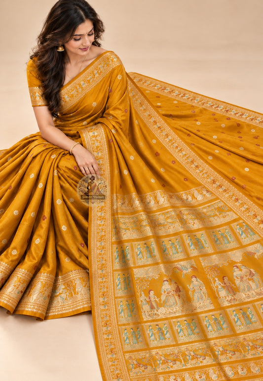 Front view of mustard-gold Swarnachari silk saree with small scattered motifs and golden-toned patterned borders