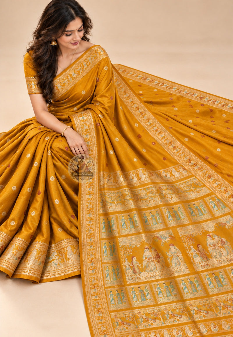 Front view of mustard-gold Swarnachari silk saree with small scattered motifs and golden-toned patterned borders