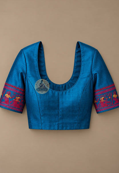 Matching blouse piece included with Bishnupur Baluchari handloom silk saree, pre-matched and handwoven in West Bengal