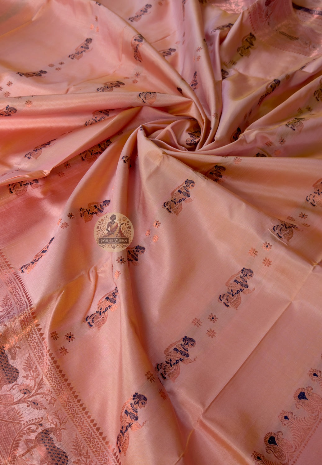 Close-up of pallu of Swarnachari pure silk mythology saree showing Malla royal court and Bishnupur temple art narrative woven in pure golden zari on Bengali handloom