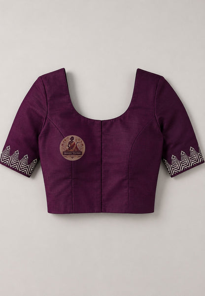 Front view of unstitched pure Katan silk blouse piece from Bishnupur Saree gift set, with matching woven border detail and rich silk finish