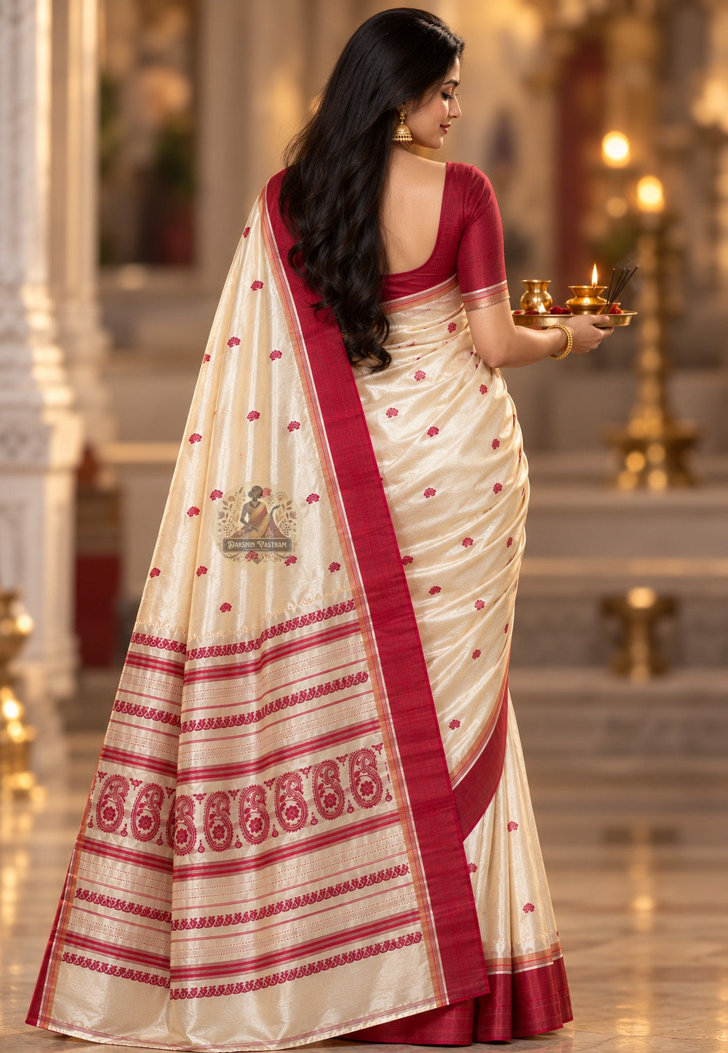 Side view of Bishnupur Garad pure mulberry silk puja saree displaying natural ivory tone and clean structured drape of handloom silk