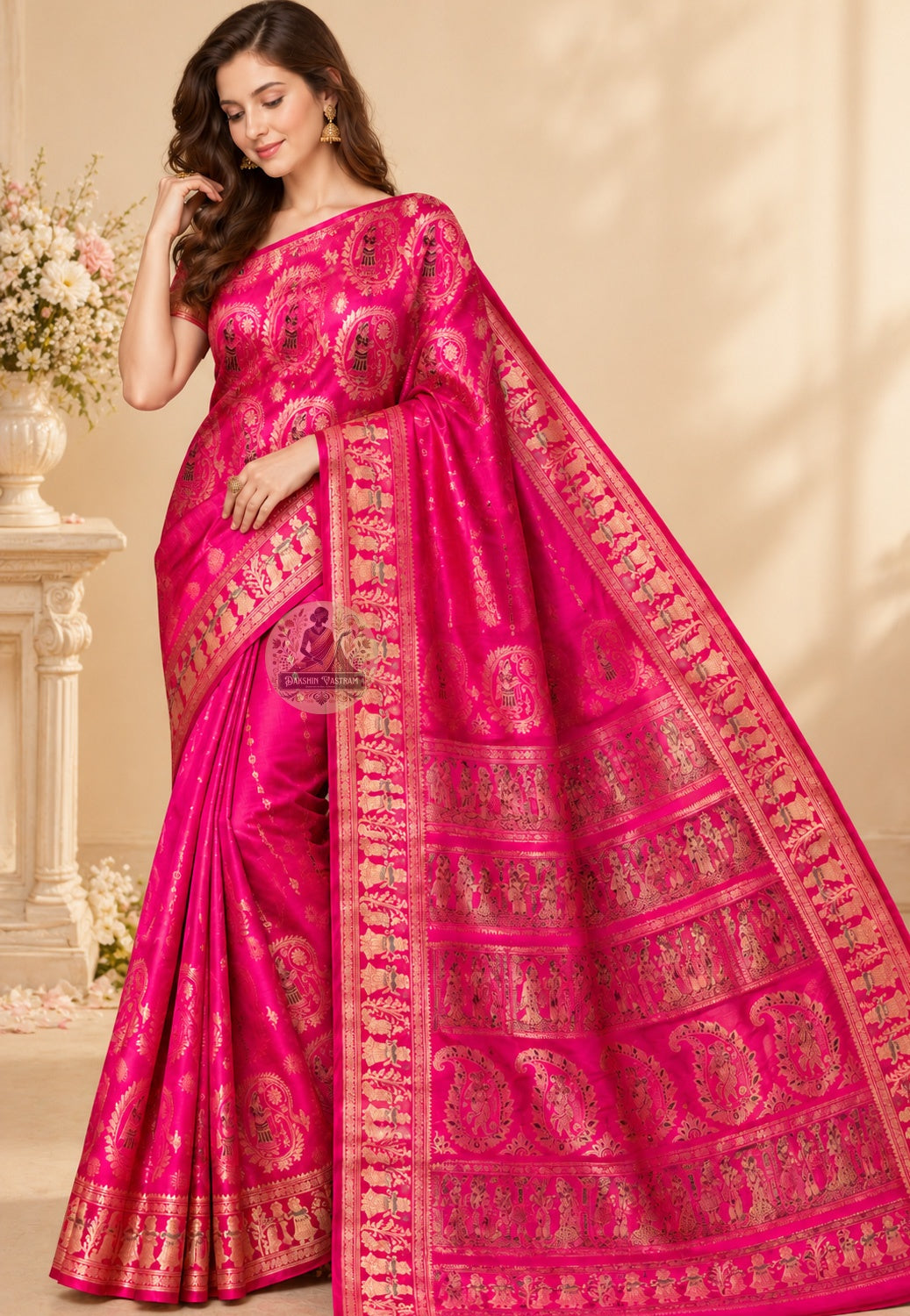 Front view of pink Swarnachari silk saree showing festive pink pure silk body with golden zari Malla court and Bishnupur terracotta temple motifs woven in Bengali handloom tradition