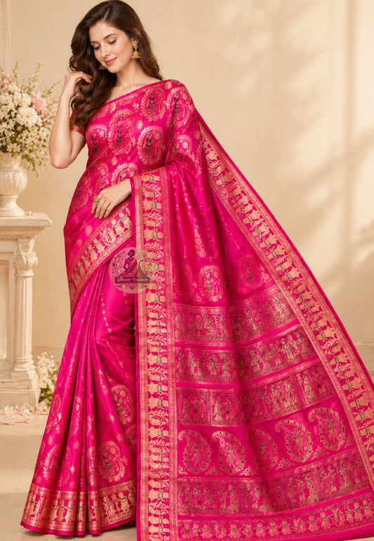 Front view of pink Swarnachari silk saree showing festive pink pure silk body with golden zari Malla court and Bishnupur terracotta temple motifs woven in Bengali handloom tradition