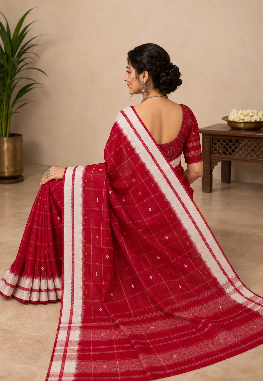 Side view of handwoven Bengali cotton saree showing pallu fall and woven border detail