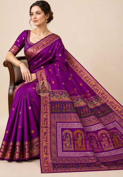 Front view of Baluchari silk saree with mythology motifs draped in classic Nivi style