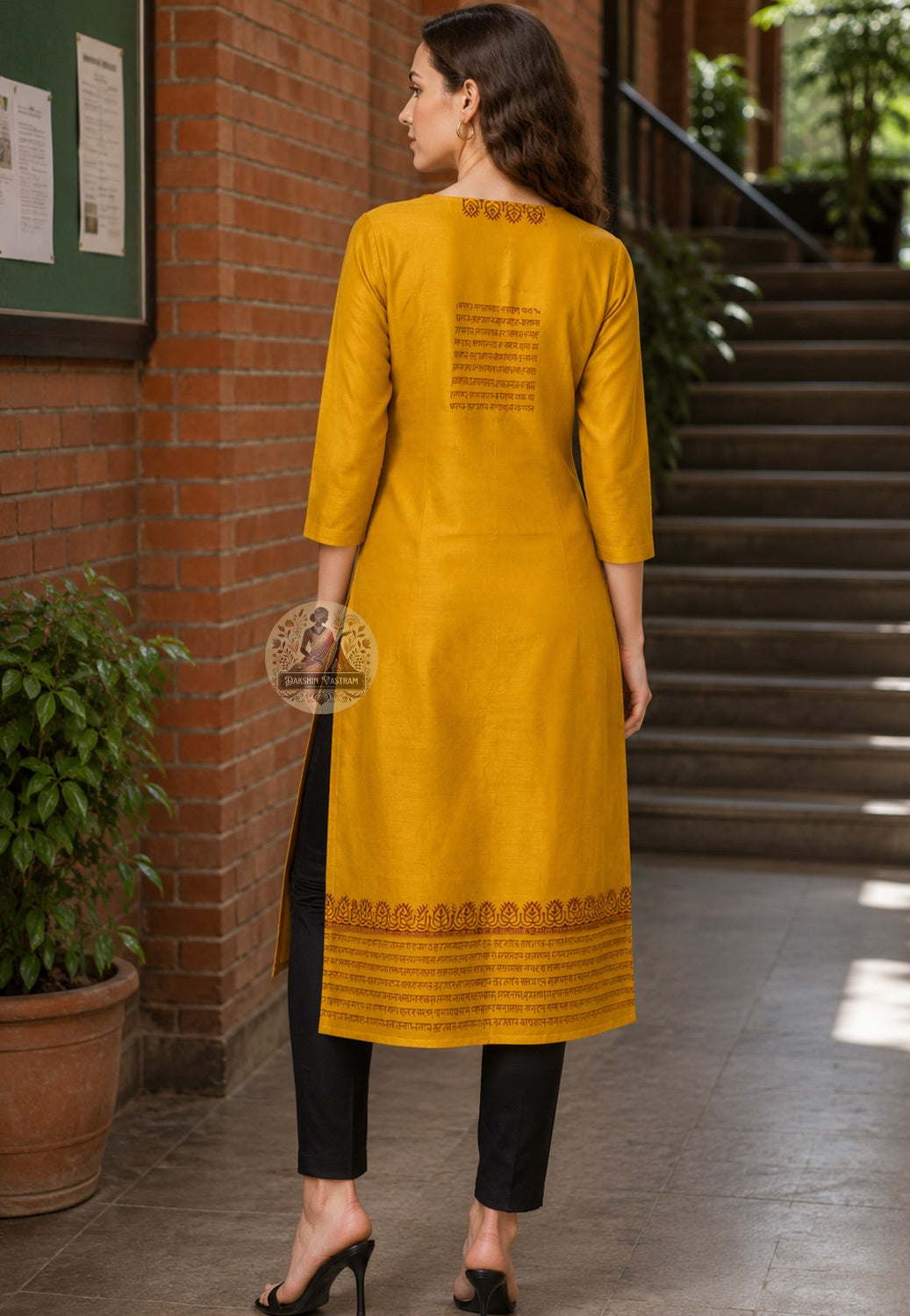 Side view of full anarkali kurti tailored from Baluchari Silk Kurti Piece kalka paisley block print Bengal Navratri garba