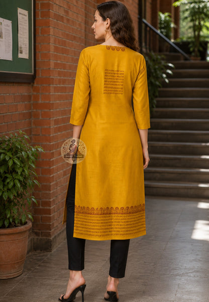 Side view of full anarkali kurti tailored from Baluchari Silk Kurti Piece kalka paisley block print Bengal Navratri garba