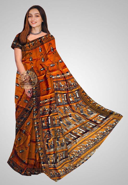 Front side view of Handloom Baluchari Saree with intricate designs and glossy silk fabric