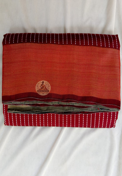 Full flat-lay of handloom Bishnupur Katan silk saree with naturally lustrous quiet statement weave, restrained border, considered buti field, and matching unstitched Katan silk blouse piece, West Bengal handloom
