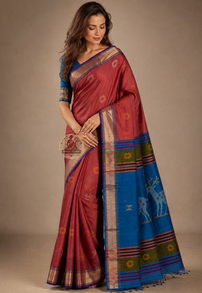 Front view of Bishnupur Katan Silk Saree with handwoven peacock tail fan and lotus creeper motifs West Bengal