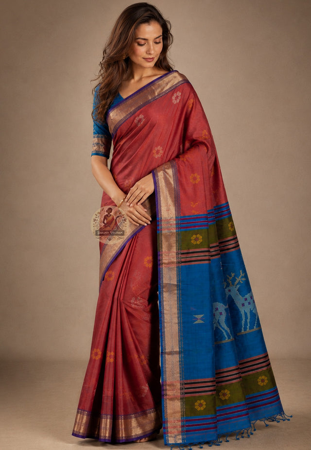 Front view of Bishnupur Katan Silk Saree with handwoven peacock tail fan and lotus creeper motifs West Bengal