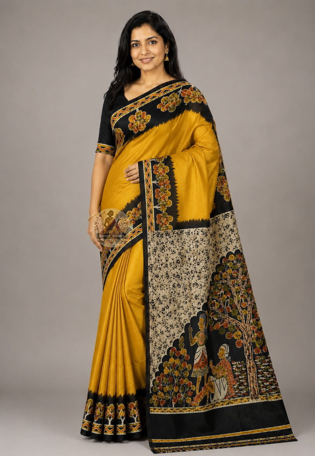 Side view of Bishnupur pure Katan silk saree showing confident drape and silk body, handloom Bengal heritage weave