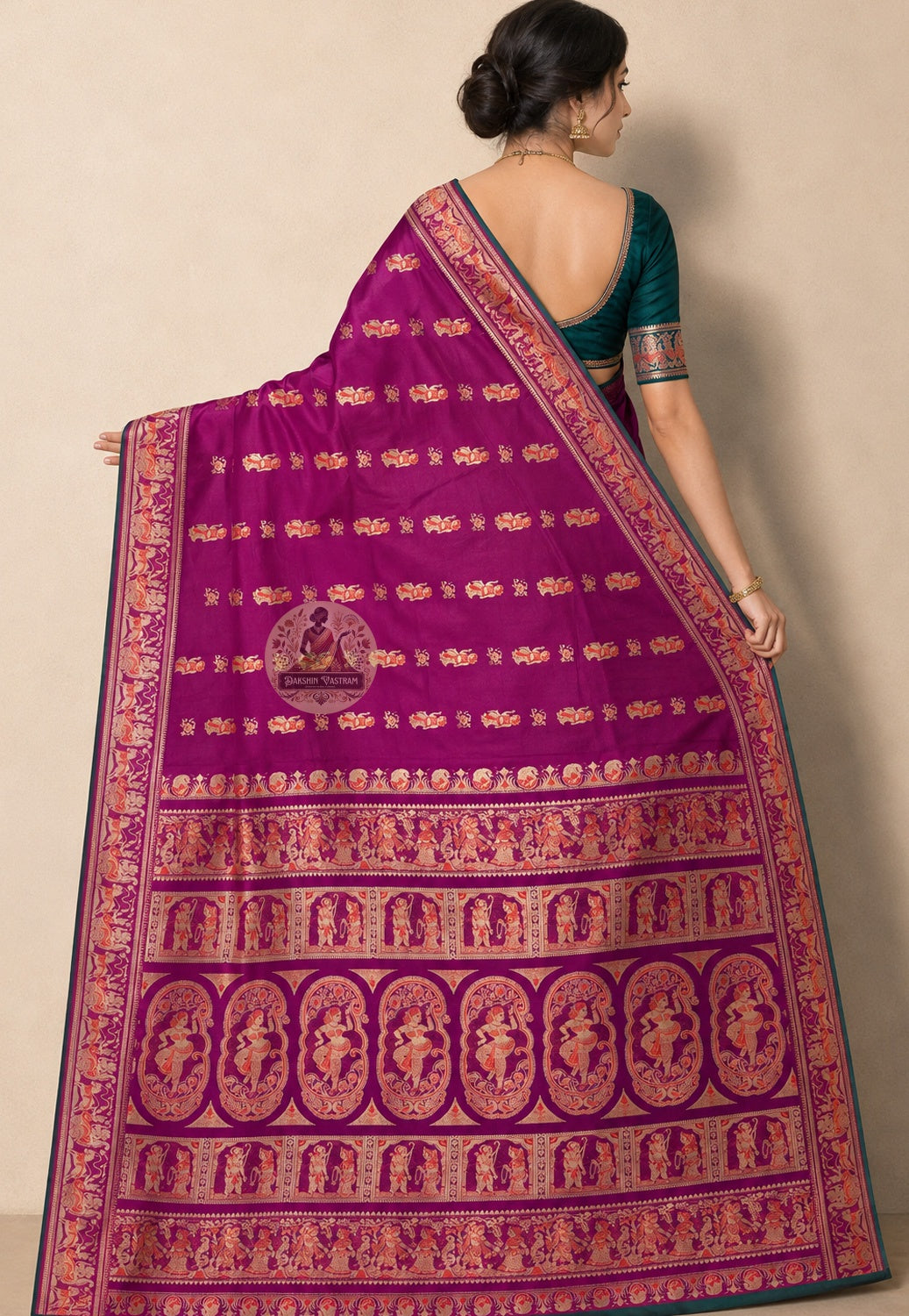 Front view of woman in Swarnachari pure silk saree, traditional Bengali drape with golden zari art pallu draped over left shoulder, natural silk fall