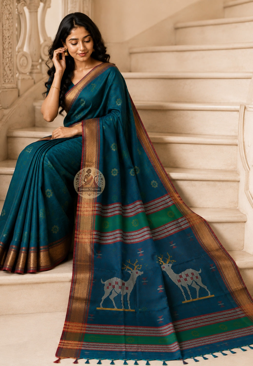Front view of Bishnupur Katan Silk Saree with handwoven conch shell arch border and ashtha mangala buti motifs West Bengal