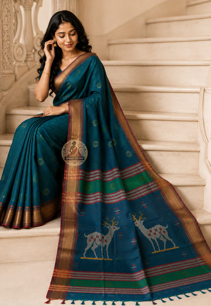 Front view of Bishnupur Katan Silk Saree with handwoven conch shell arch border and ashtha mangala buti motifs West Bengal