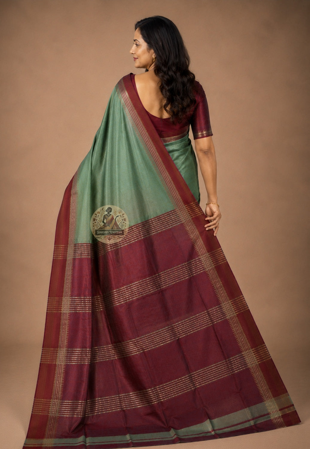 Side view of Bishnupur Katan Silk Saree showing structured drape and handwoven zari border