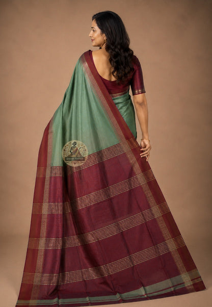Side view of Bishnupur Katan Silk Saree showing structured drape and handwoven zari border