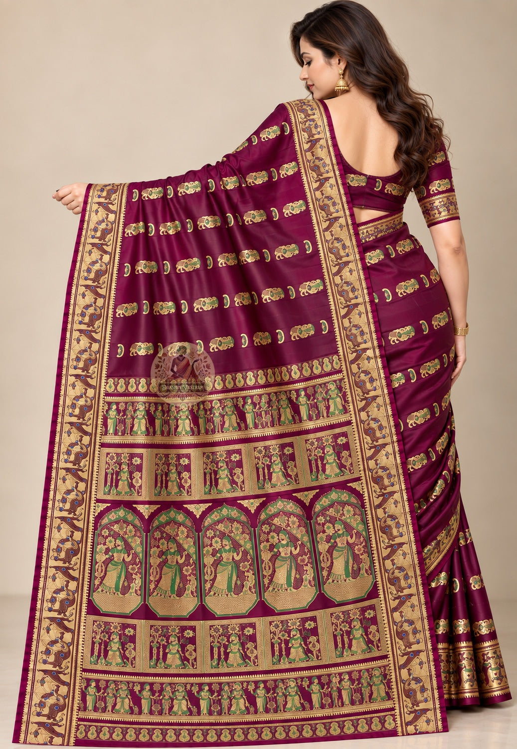 Front view of Swarnachari silk saree showing pure silk body with individually woven golden zari Malla court and Bishnupur terracotta temple motifs making a statement in Bengali handloom