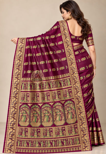 Front view of Swarnachari silk saree showing pure silk body with individually woven golden zari Malla court and Bishnupur terracotta temple motifs making a statement in Bengali handloom