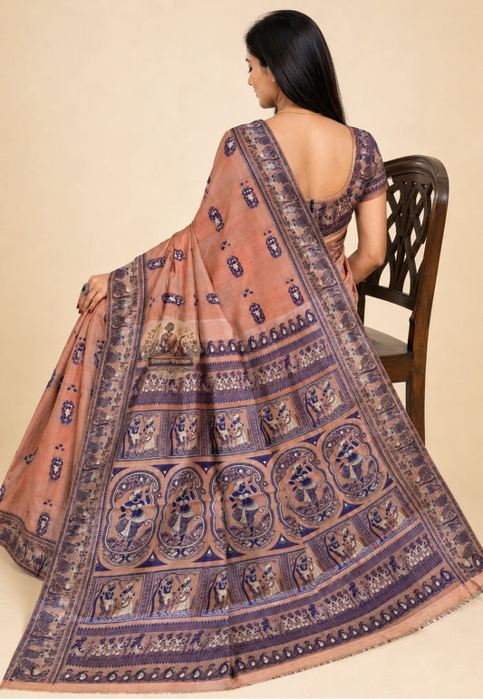 Side view of handwoven Copper Peach Baluchari Silk Saree displaying elegant drape and fine silk texture, perfect for weddings and Durga Puja