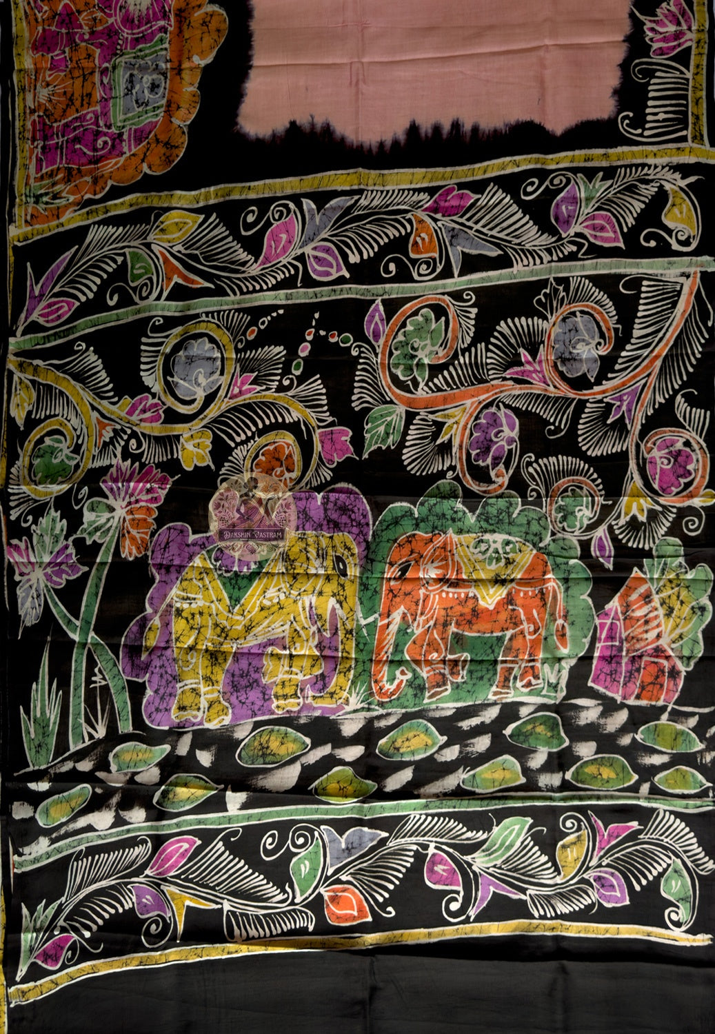 Full flat lay of Bishnupur Pure Katan Silk saree with Bengal motifs and included blouse piece