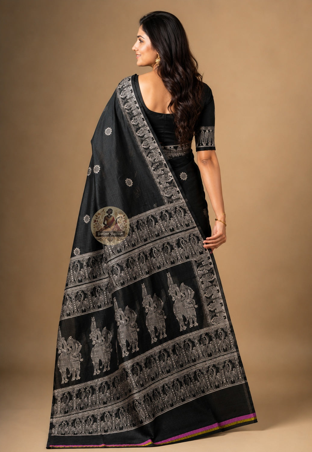 Side view of Bishnupur Pure Katan Silk Saree showing everyday elegant drape and trellis grid handloom border
