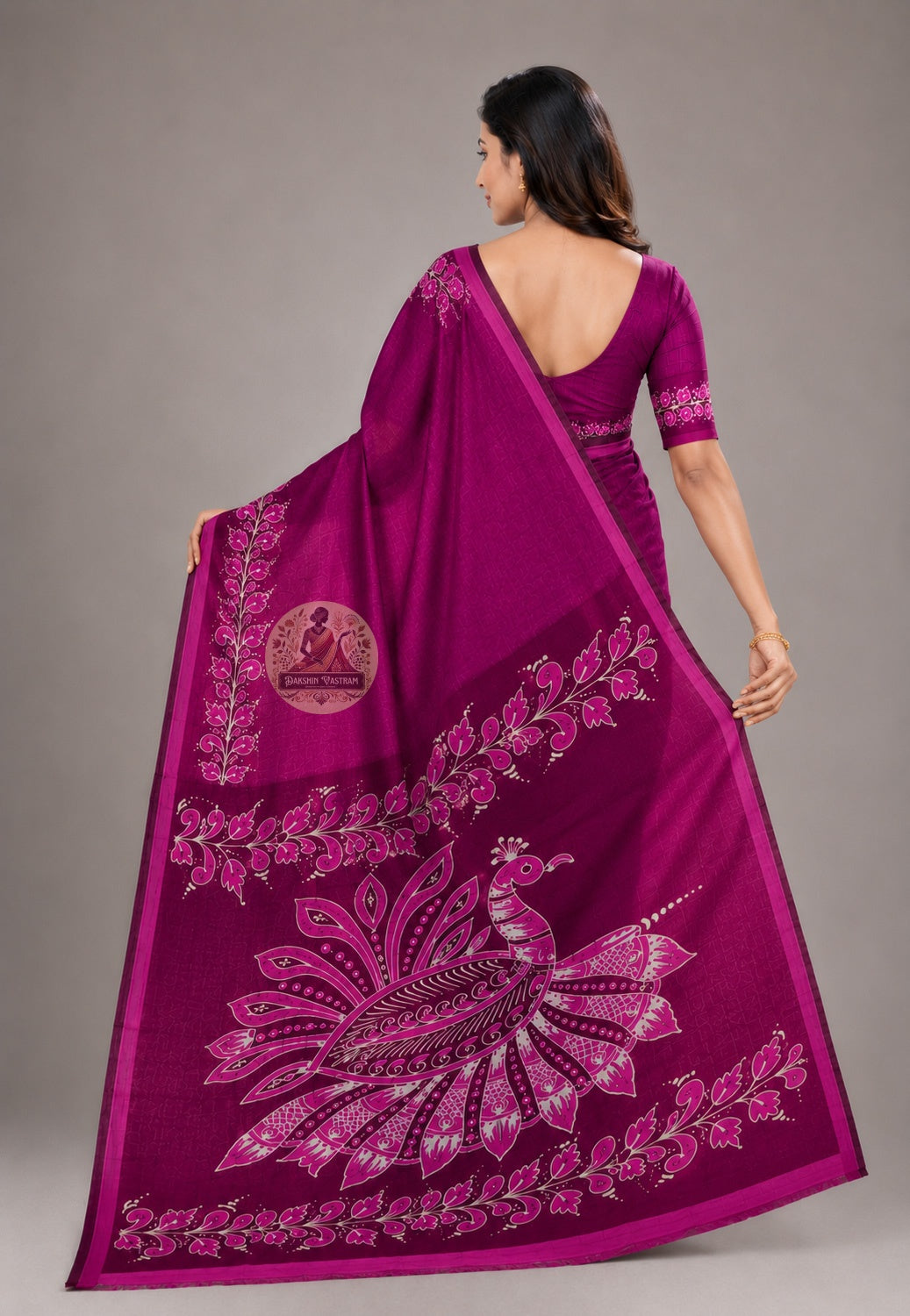 Rear view of Bishnupur pure Katan silk saree displaying handwoven pallu with traditional folk art motifs, Bengal