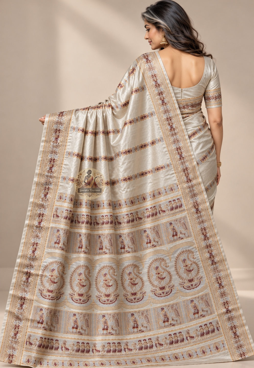 Front view of white Swarnachari silk saree showing pure white silk body with golden zari Malla court and Bishnupur terracotta temple motifs standing at full clarity on white ground