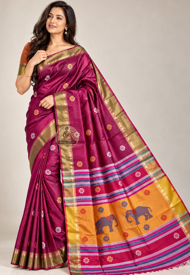 Front view of Bishnupur Katan pure silk festival saree with traditional Bengal buti motifs, handloom woven on pit looms by artisan families in Bankura West Bengal
