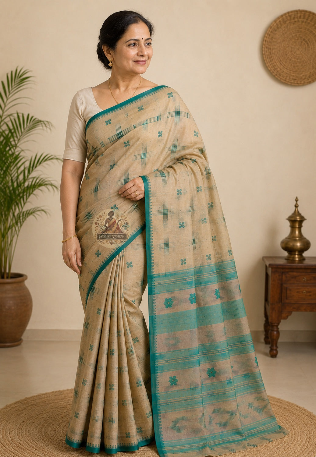 Side view of pure cotton handloom saree showing natural drape, soft fall, and breathable weave for festive and everyday wear