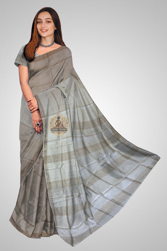 Pure silk saree handwoven in Bishnupur West Bengal – rich drape and deep lustre, full front view on Indian model