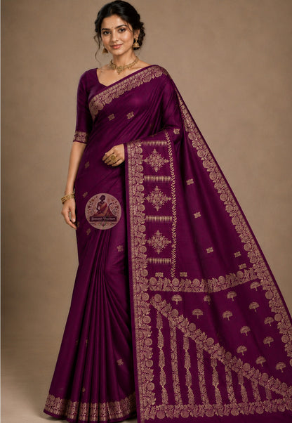 Front view of Bishnupur Katan silk saree in belonging drape, handwoven Bankura Bengal, worn for morning puja occasion