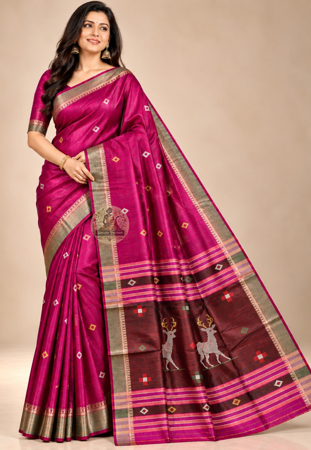 Front view of Bishnupur Katan pure silk wedding centrepiece saree with traditional Bengal buti motifs, handloom woven on pit looms by artisan families in Bankura West Bengal