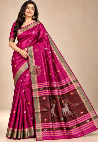 Front view of Bishnupur Katan pure silk wedding centrepiece saree with traditional Bengal buti motifs, handloom woven on pit looms by artisan families in Bankura West Bengal