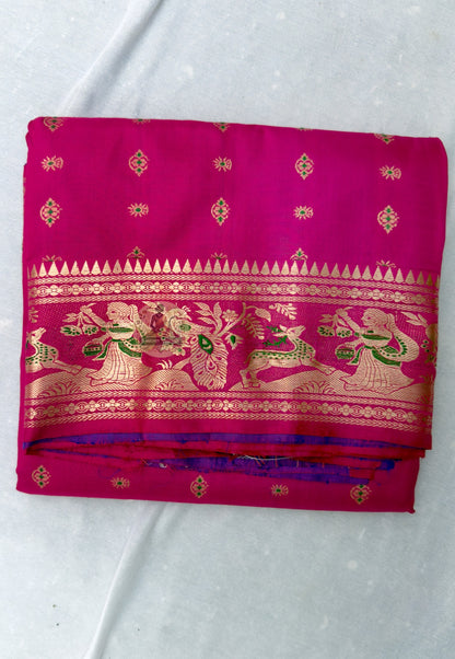 Full flat lay of Swarnachari Bengal silk saree with golden zari border and pallu, handloom heritage, six yards of gold