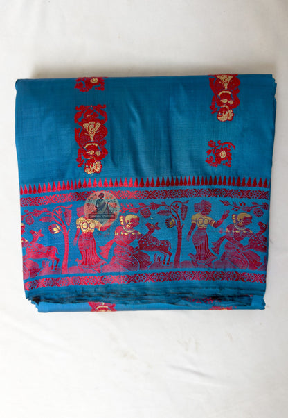 Full saree view of Bishnupur Baluchari handloom silk saree with matching blouse piece, crafted by master weavers in West Bengal