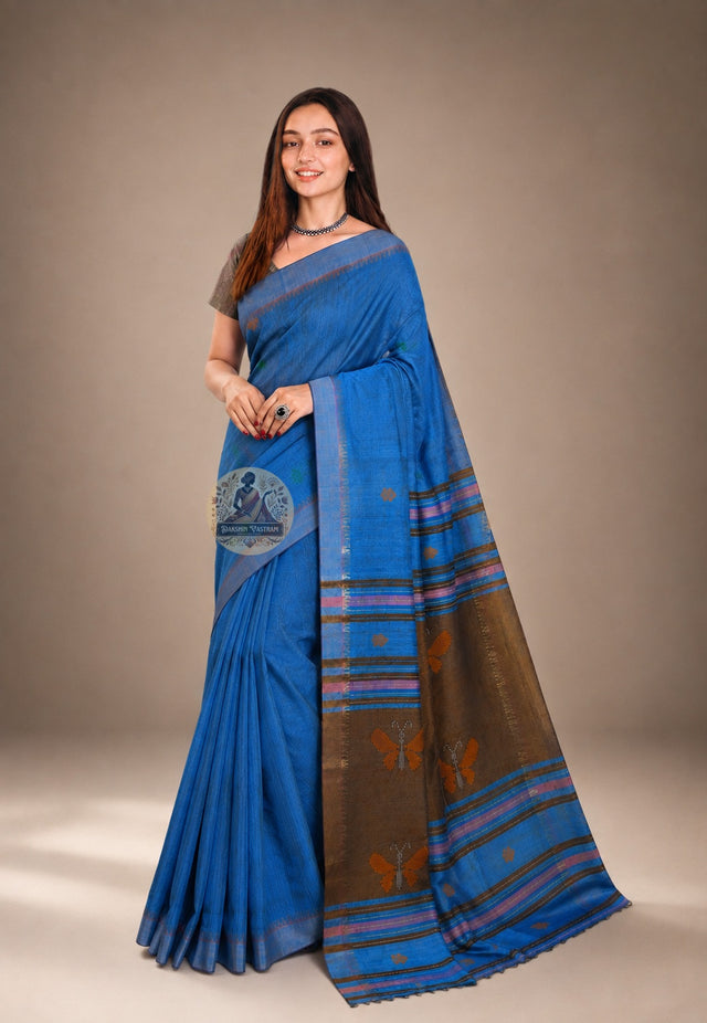 Front view of handloom Bishnupur Katan silk saree from West Bengal with tight weave, natural lustre, and architectural confidence of Bishnupur's centuries-old silk craft tradition