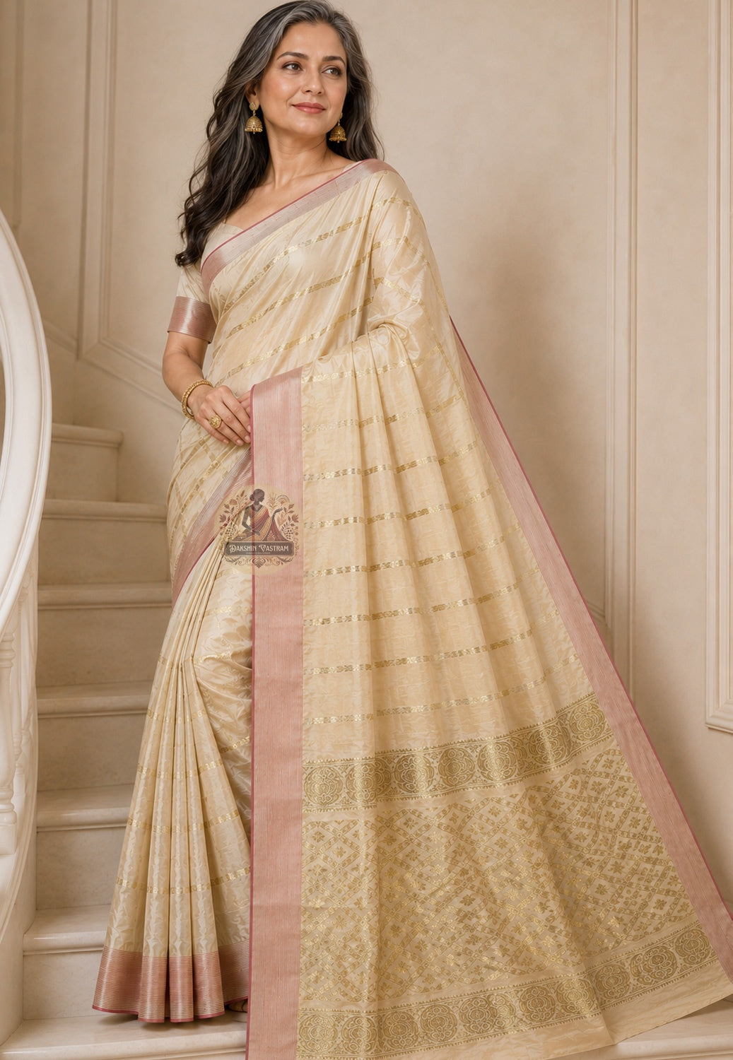 Front view of natural amber Ghicha Tussar Silk Saree with kantha stitch temple spire rath and marigold garland border Durga Puja 2026 Bengal