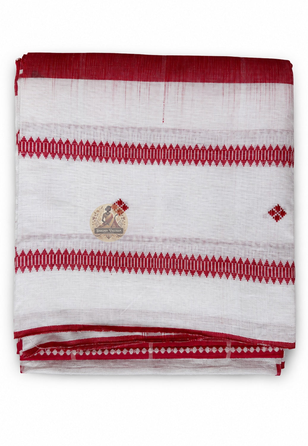 Close-up of woven border on Bengali handloom cotton saree showing artisan weave craftsmanship
