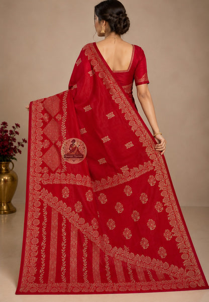 Rear view of Bishnupur handwoven Katan silk saree with devotion-woven pallu motifs, Bengal slow fashion heritage