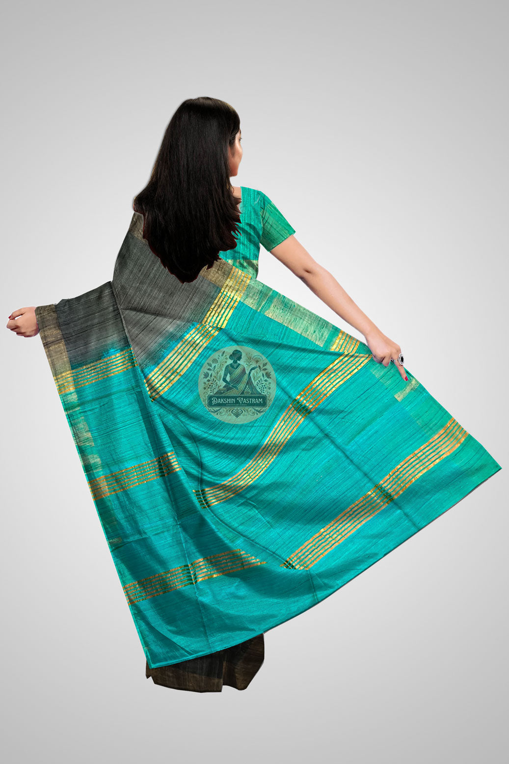 Buy Black and Turquoise Ghicha Tussar Silk Saree online – Saree rear view