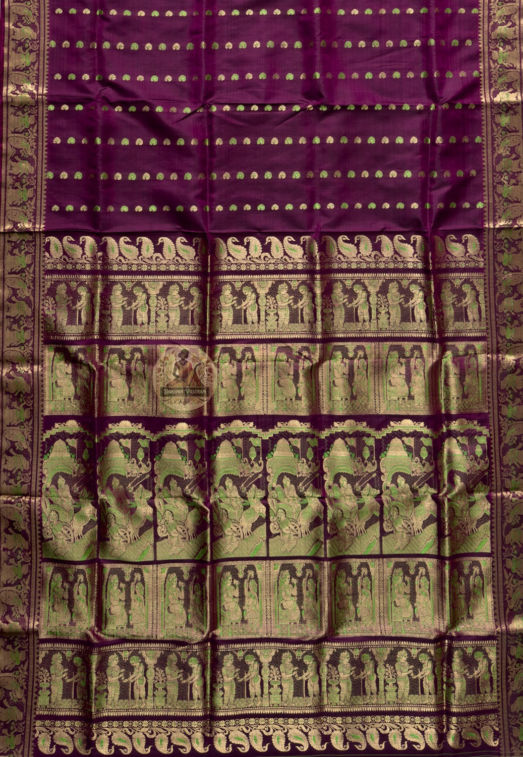 Side profile view of Swarnachari handloom silk saree showing zari border depth and natural silk drape, Bengal weave