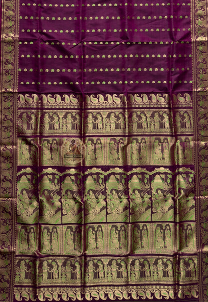 Side profile view of Swarnachari handloom silk saree showing zari border depth and natural silk drape, Bengal weave