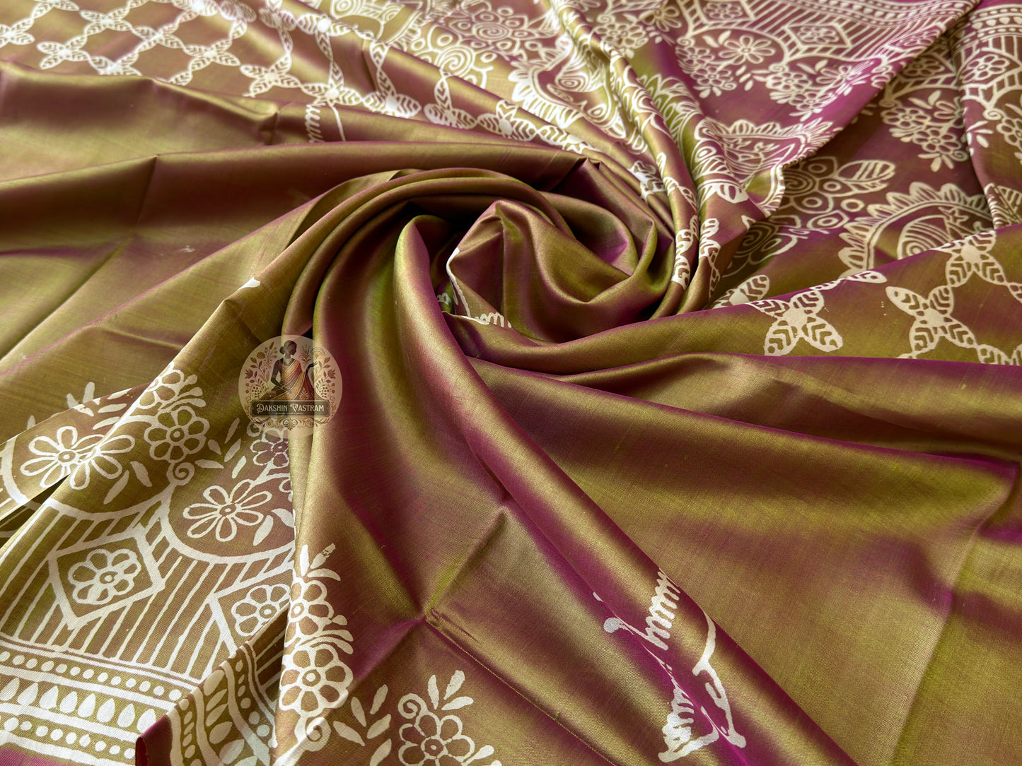 Close-up of Bishnupur hand block print silk saree – traditional Bankura folk art patterns pressed by artisan craftsmen, unique to every piece | Dakshin Vastram