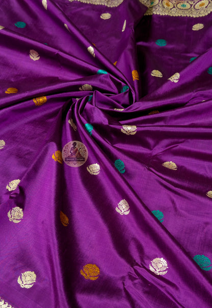 Full saree view of Bishnupur Baluchari pure silk prestige handloom saree with matching blouse piece, for Bengali weddings, Durga Puja and Diwali galas