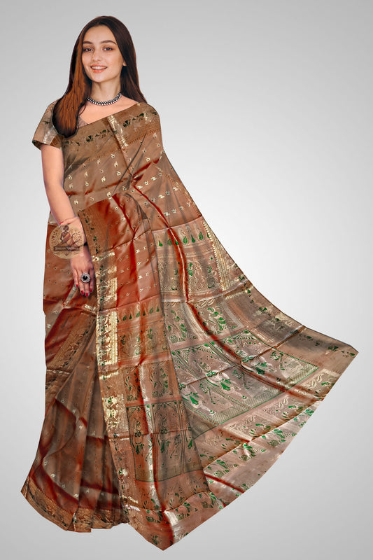 Buy Swarnachari Saree online – Front view of Bengal silk drape