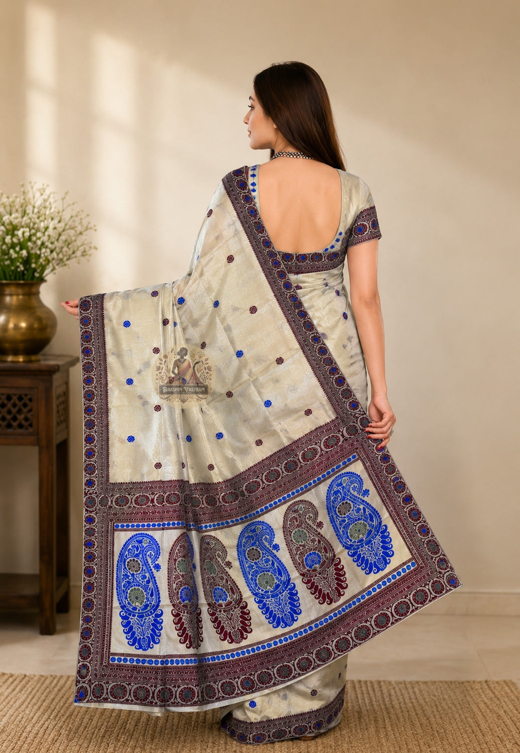 Rear view of handwoven Baluchari Silk Saree revealing the full pallu with epic Mahabharata and Ramayana figures woven in premium pure silk by a master weaver in Bishnupur Bengal